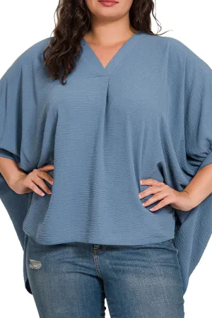 Plus Size Monterey Bay Dusty Blue Puff Sleeve V-Neck Top