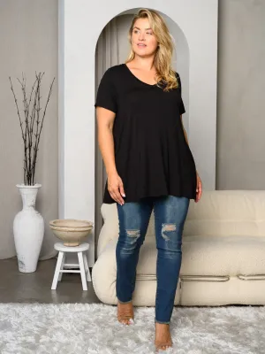 PLUS SIZE SHORT SLEEVE V-NECK POCKETS TUNIC TOP