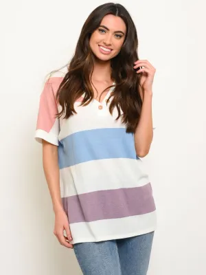 PLUS SIZE THERMO STRIPE MULTICOLOR V-NECK TUNIC BUTTONS TOP