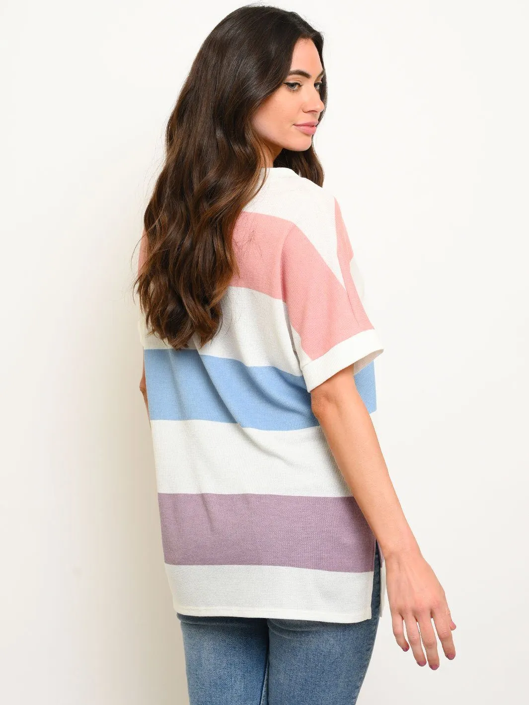 PLUS SIZE THERMO STRIPE MULTICOLOR V-NECK TUNIC BUTTONS TOP