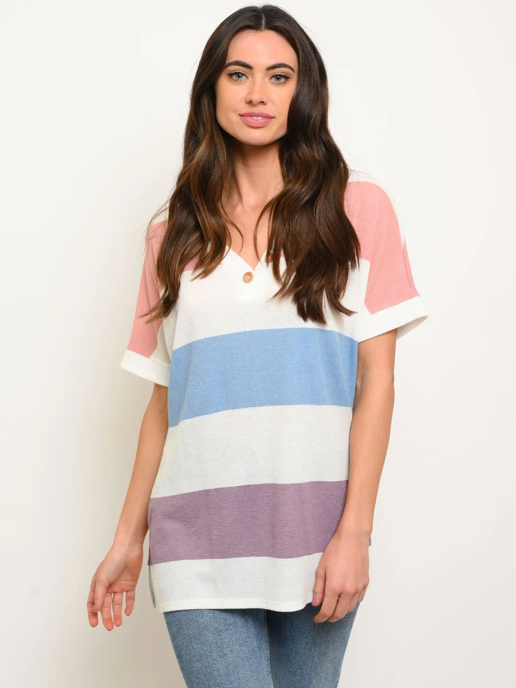 PLUS SIZE THERMO STRIPE MULTICOLOR V-NECK TUNIC BUTTONS TOP