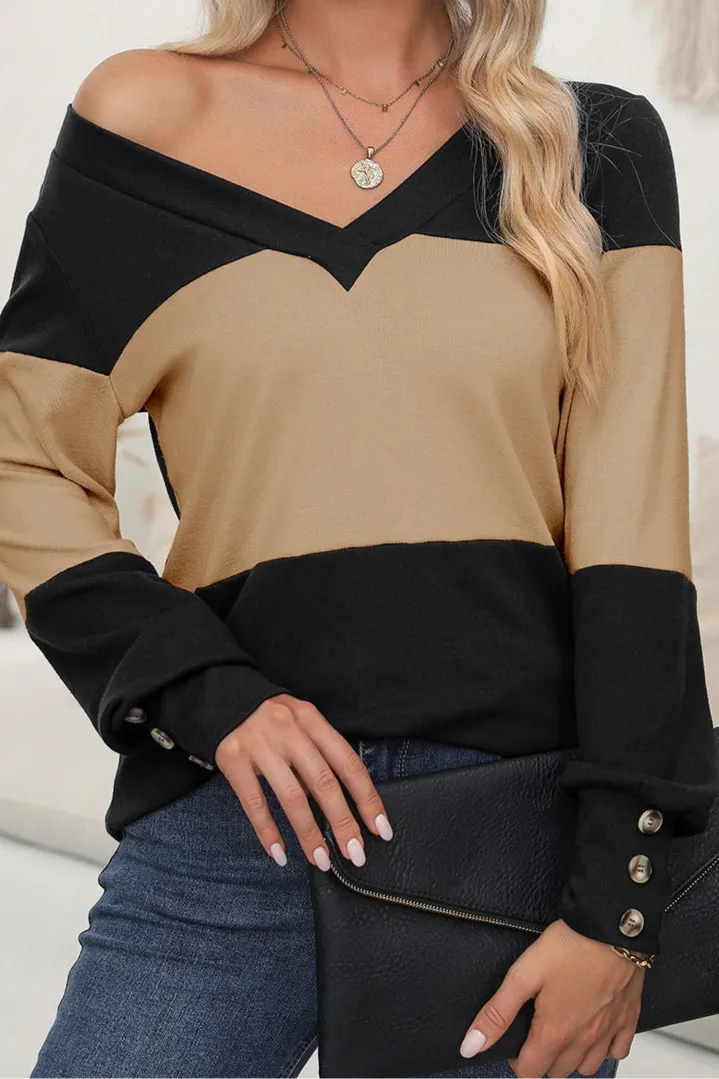 Rachel Color Block V-Neck Long Sleeve Top