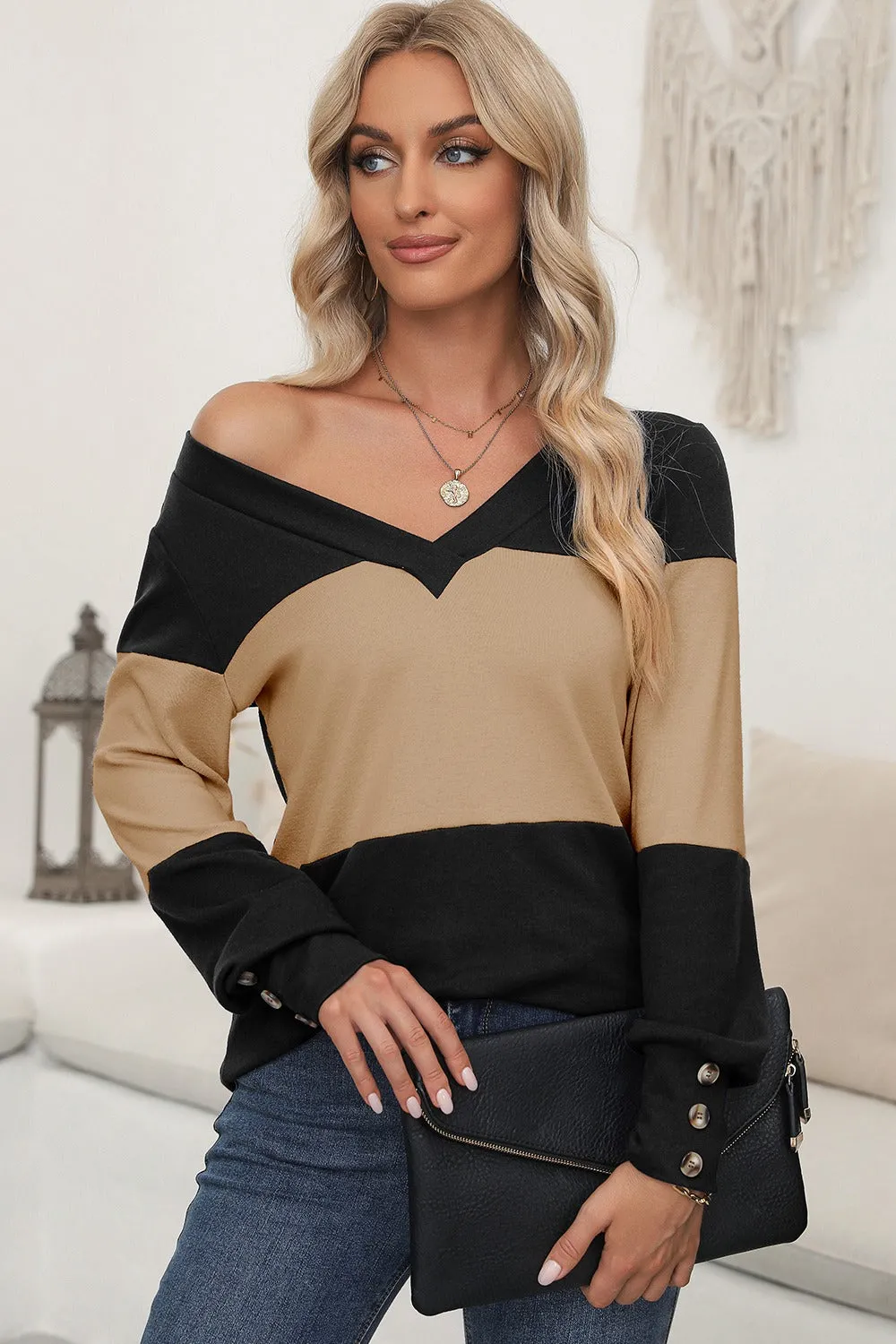 Rachel Color Block V-Neck Long Sleeve Top