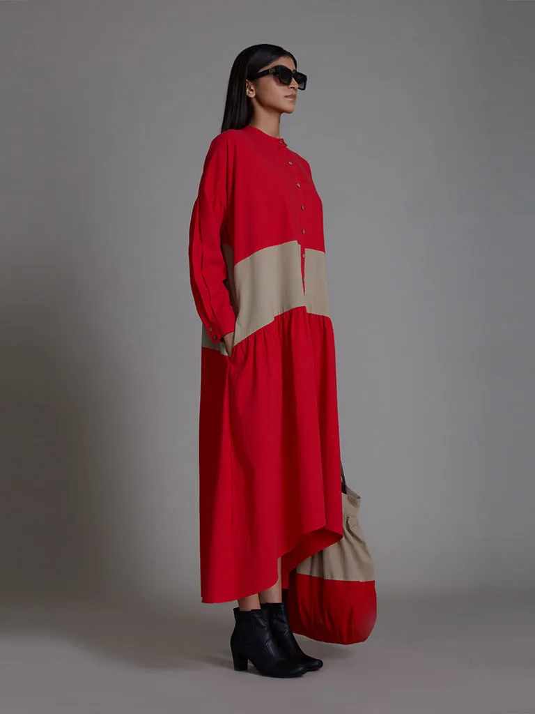 Red & Beige Band Dress