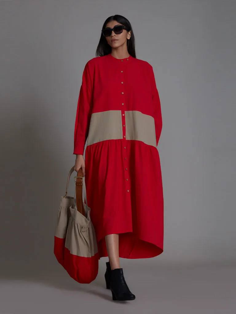 Red & Beige Band Dress