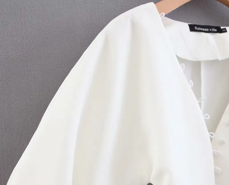 Retro Palace Style Sexy V-neck Low-breasted Buckle Bubble Long-Sleeve Waist Thin Shirt Top