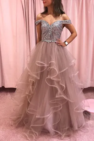 Rhinestones Bodice Multi Layered Bottom Prom Dresses Rose Pink Tulle Party Dresses,MP503