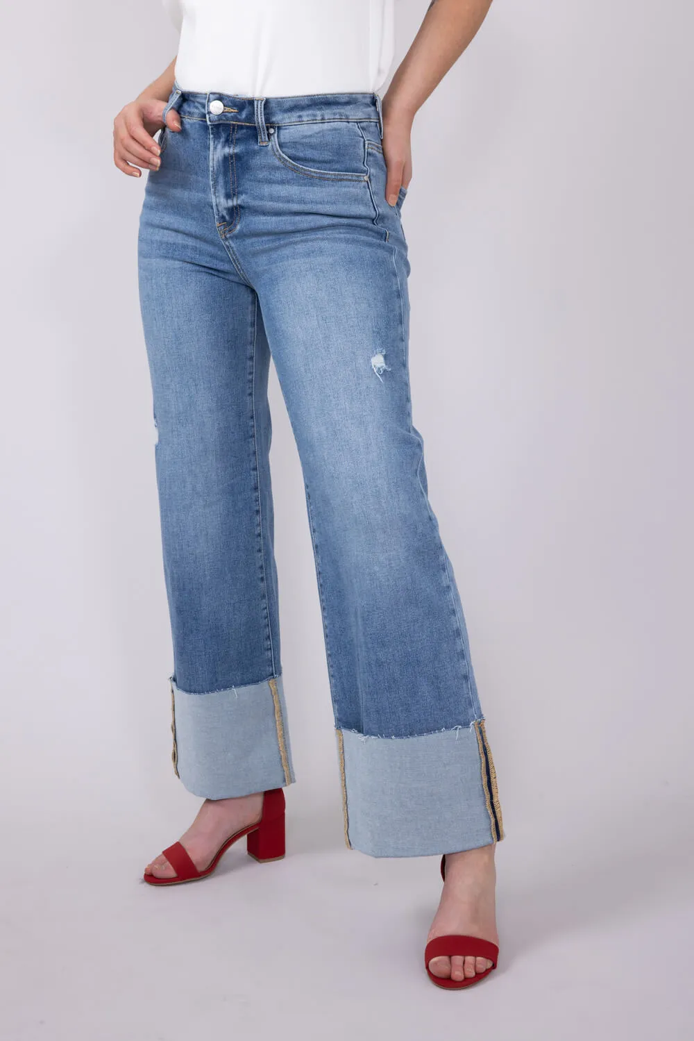 Risen High Rise Cuffed Wide Leg Jeans for Women | RDP5719-MD