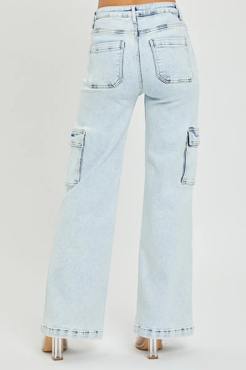 Risen High Rise Wide Leg Cargo Jeans in Light Wash