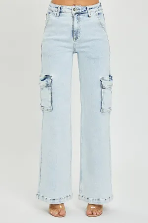 Risen High Rise Wide Leg Cargo Jeans in Light Wash