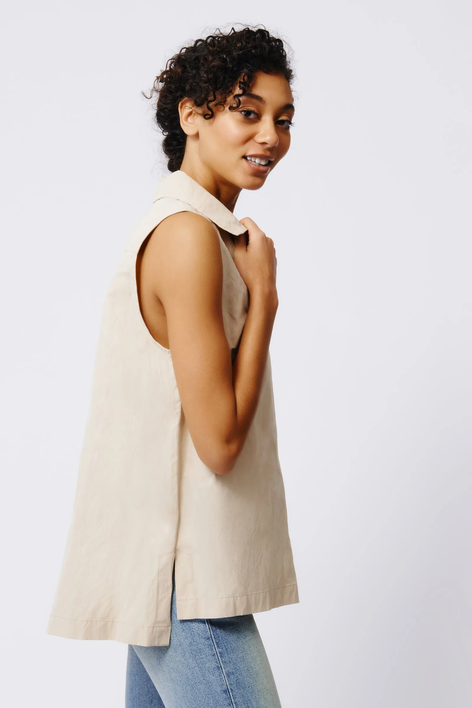 Rita Sleeveless Collared V-Neck - Khaki
