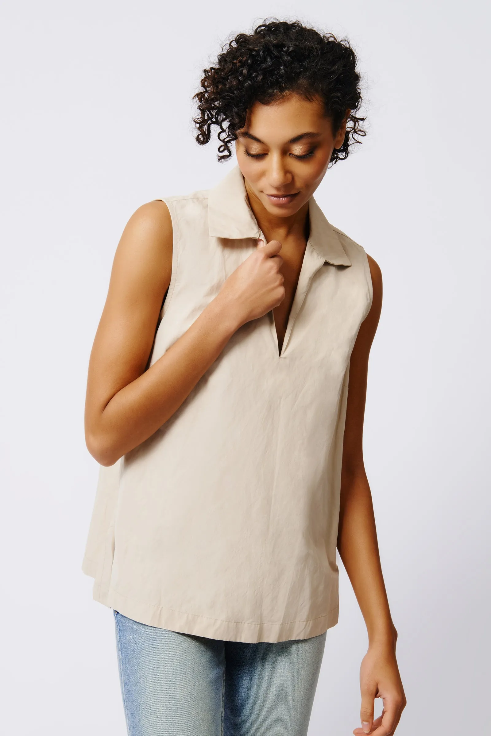 Rita Sleeveless Collared V-Neck - Khaki