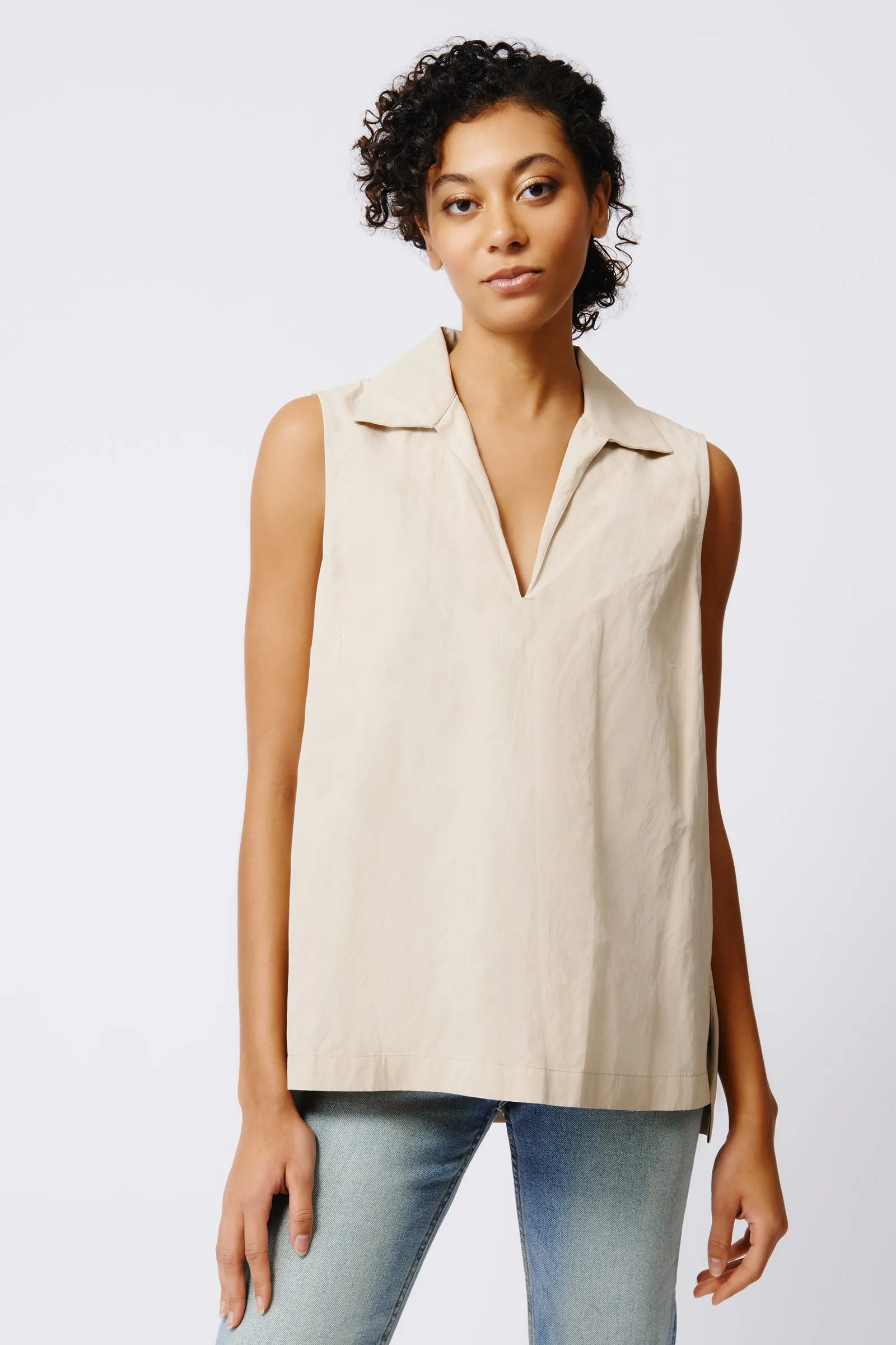 Rita Sleeveless Collared V-Neck - Khaki