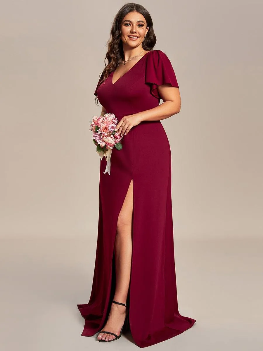 Robe demoiselle d'honneur fendue Manches volantées classiques de grande taille(Vente finale)