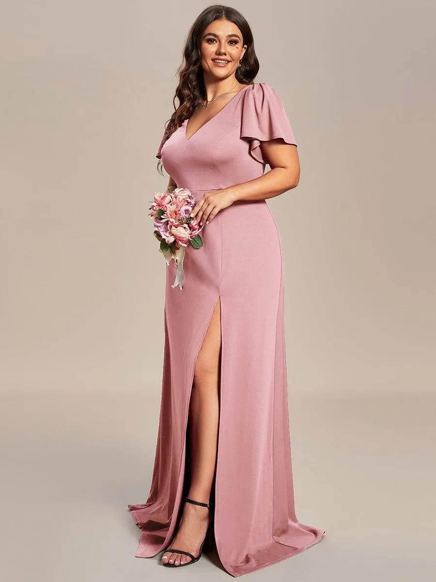 Robe demoiselle d'honneur fendue Manches volantées classiques de grande taille(Vente finale)