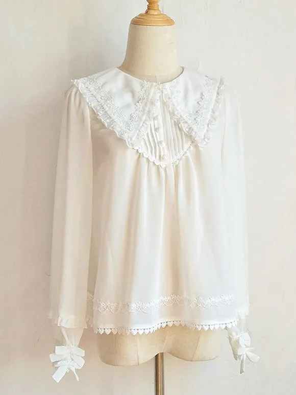 ROCOCO Style Lolita Blouses Pleated Ruffles Long Sleeves Blouse Lolita Top White Lolita Shirt
