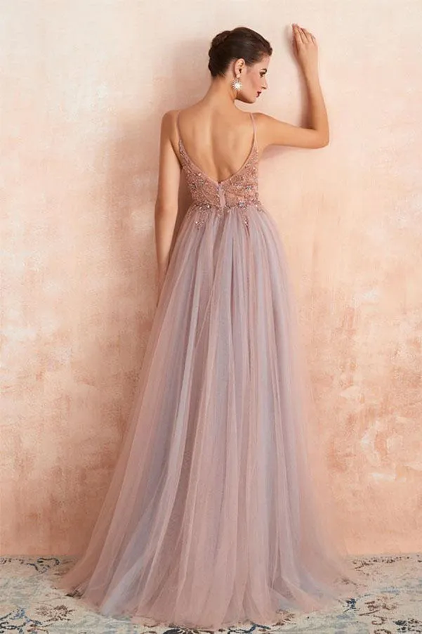 Rose Beaded Spaghetti Straps A-Line V-neck Tulle Long Prom Dress With Slit, SP592