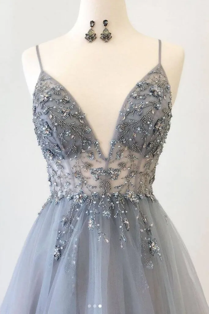 Rose Beaded Spaghetti Straps A-Line V-neck Tulle Long Prom Dress With Slit, SP592