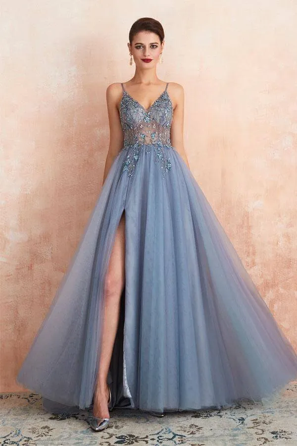 Rose Beaded Spaghetti Straps A-Line V-neck Tulle Long Prom Dress With Slit, SP592