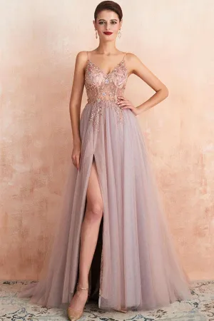 Rose Beaded Spaghetti Straps A-Line V-neck Tulle Long Prom Dress With Slit, SP592