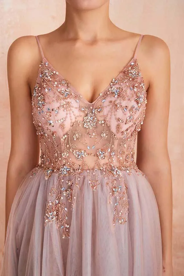 Rose Beaded Spaghetti Straps A-Line V-neck Tulle Long Prom Dress With Slit, SP592