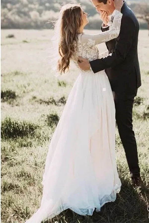 Rustic Long Sleeve Weding Dresses Lace Appliqued Ivory Beach Wedding Dress,MW315