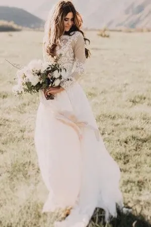 Rustic Long Sleeve Weding Dresses Lace Appliqued Ivory Beach Wedding Dress,MW315