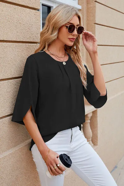 Samantha Round Neck Slit Half Sleeve Top