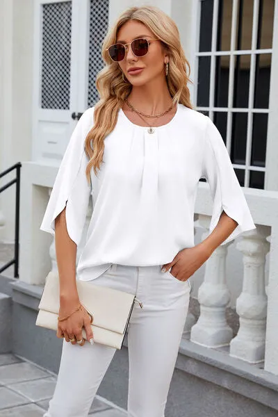 Samantha Round Neck Slit Half Sleeve Top