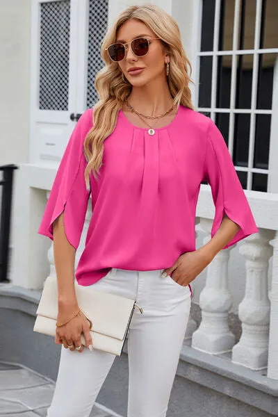 Samantha Round Neck Slit Half Sleeve Top