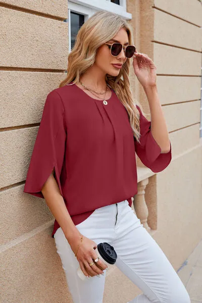 Samantha Round Neck Slit Half Sleeve Top