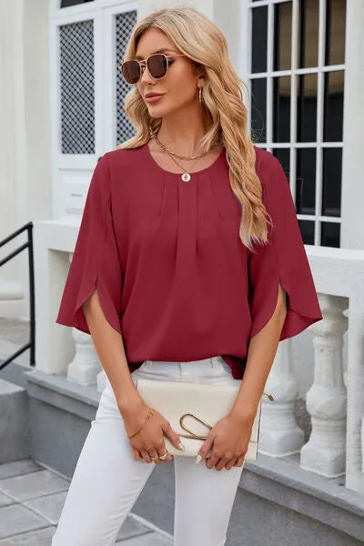 Samantha Round Neck Slit Half Sleeve Top