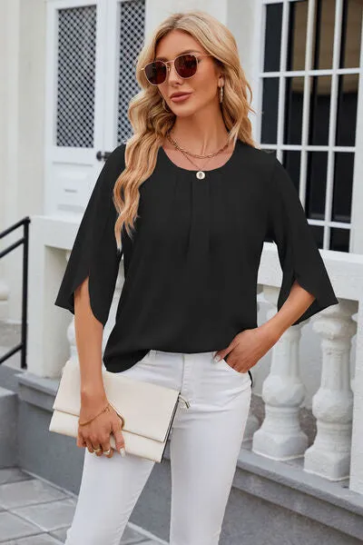 Samantha Round Neck Slit Half Sleeve Top