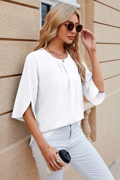 Samantha Round Neck Slit Half Sleeve Top