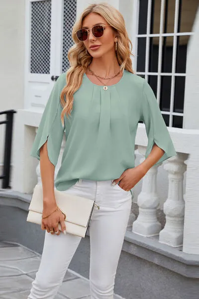 Samantha Round Neck Slit Half Sleeve Top