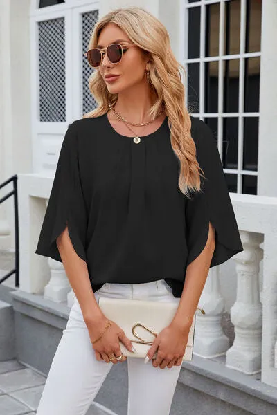 Samantha Round Neck Slit Half Sleeve Top