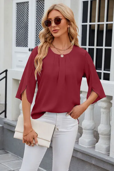 Samantha Round Neck Slit Half Sleeve Top