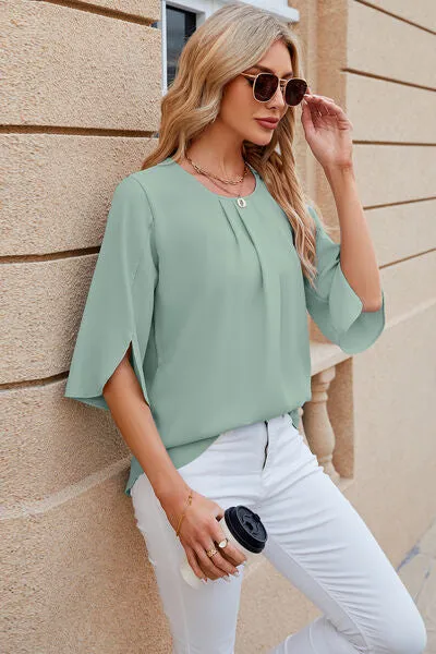 Samantha Round Neck Slit Half Sleeve Top