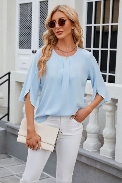 Samantha Round Neck Slit Half Sleeve Top