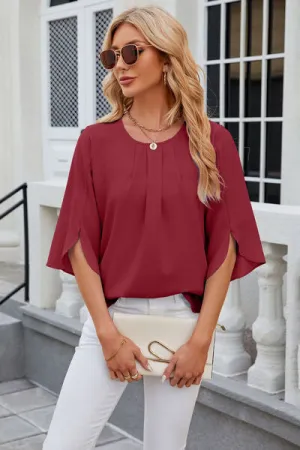 Samantha Round Neck Slit Half Sleeve Top