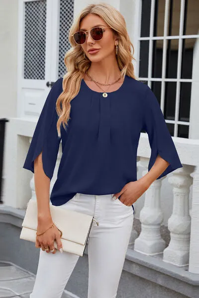 Samantha Round Neck Slit Half Sleeve Top