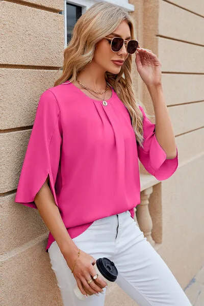 Samantha Round Neck Slit Half Sleeve Top