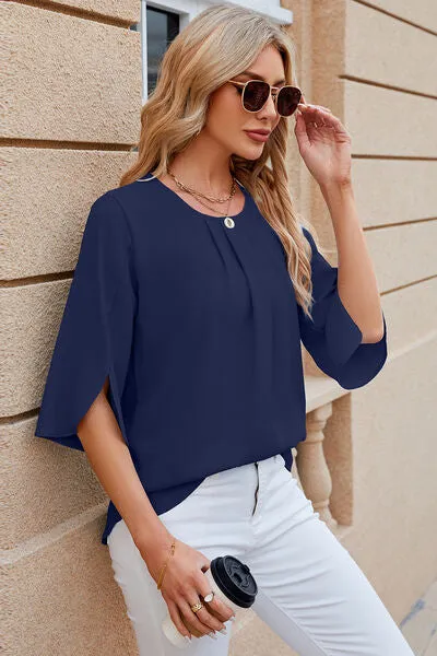 Samantha Round Neck Slit Half Sleeve Top