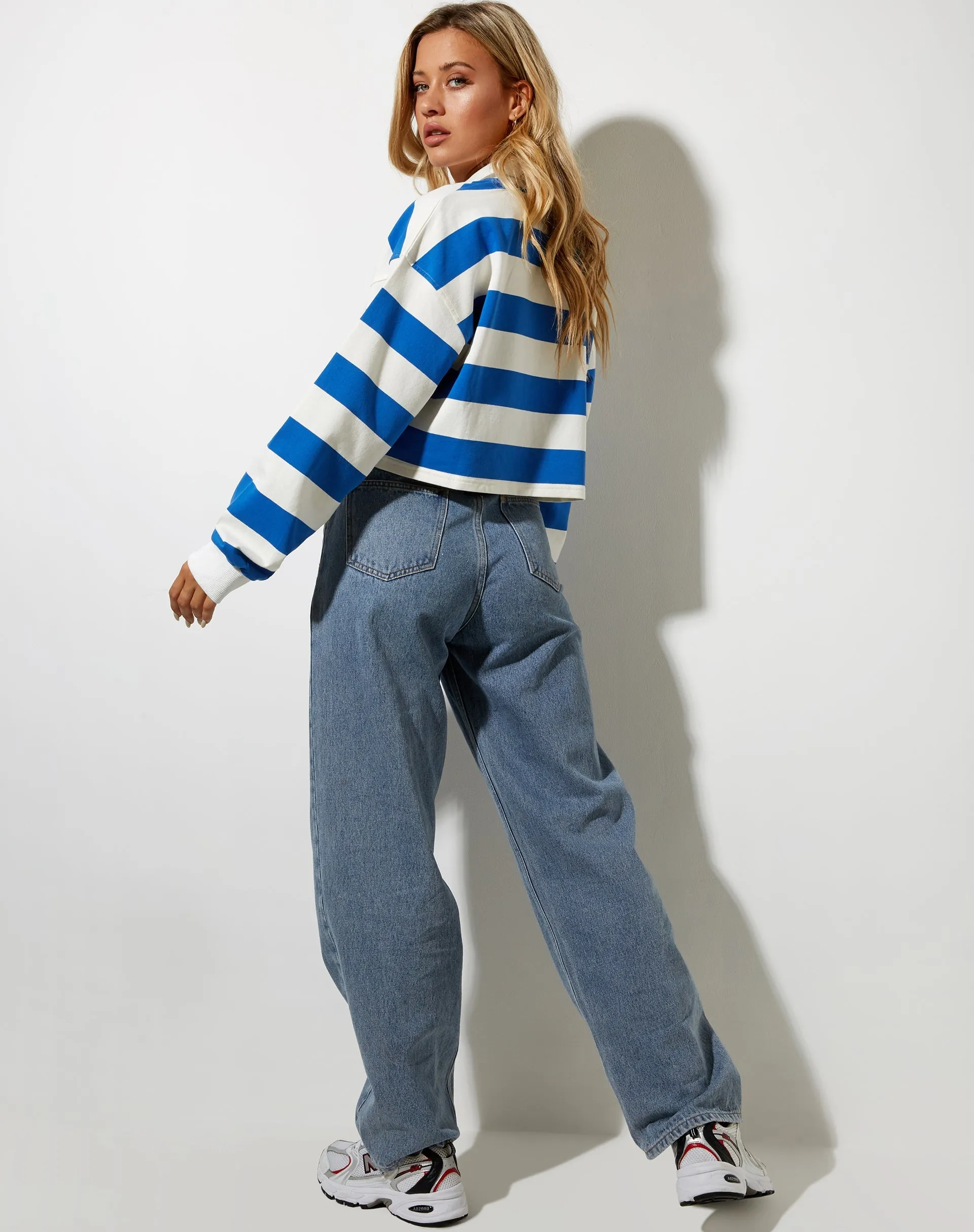Sarin Polo Top in Stripe Ivory and Blue
