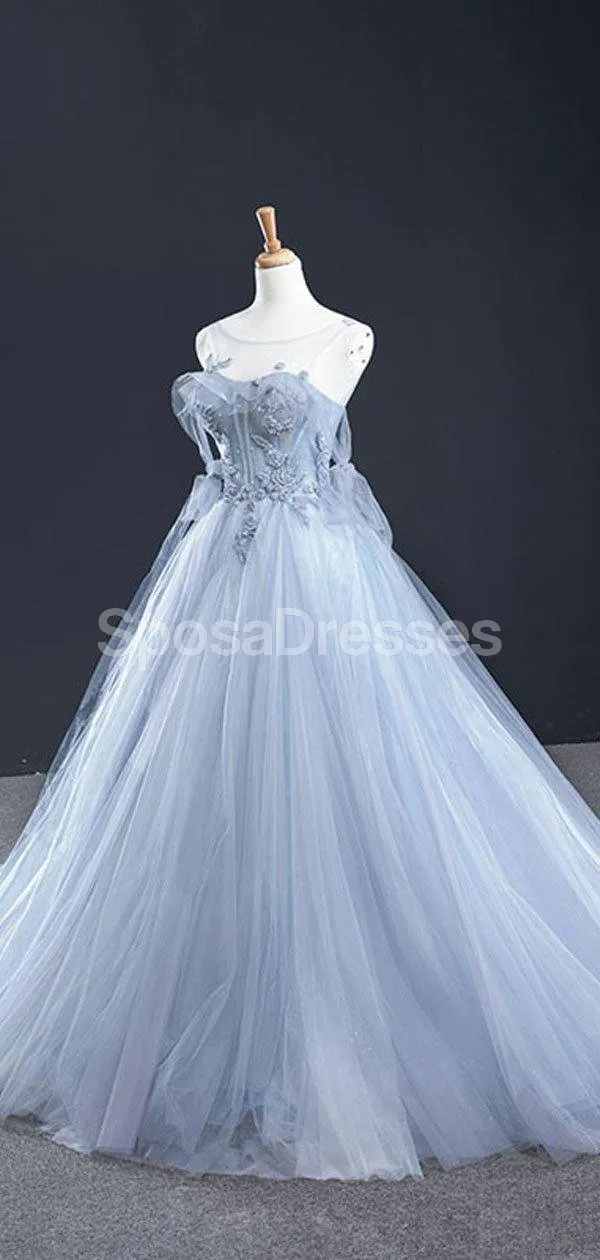 Scoop Grey Beaded Long Evening Prom Dresses, Evening Party Prom Dresses, 12252