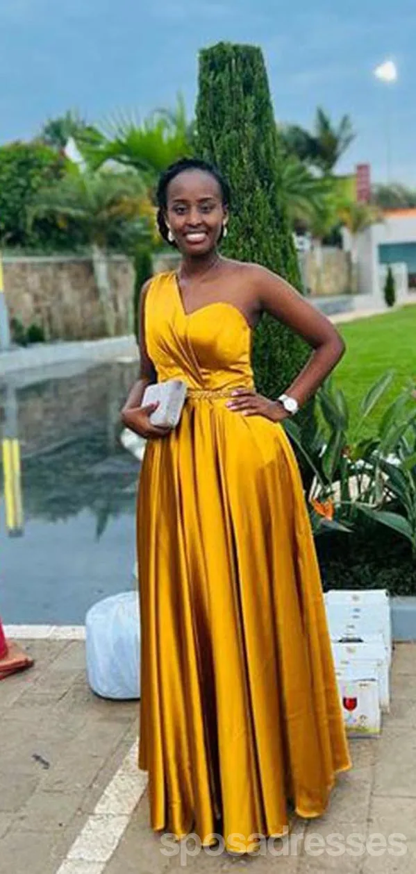 Sexy Marigold A-line One Shoulder Cheap Maxi Long Bridesmaid Dresses,WG1693