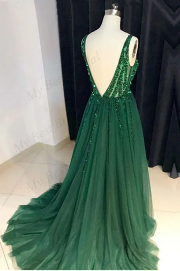 Sexy V-nevk V-back Green Tulle Evening Dresses,Cheap Prom Dresses,PDY0572