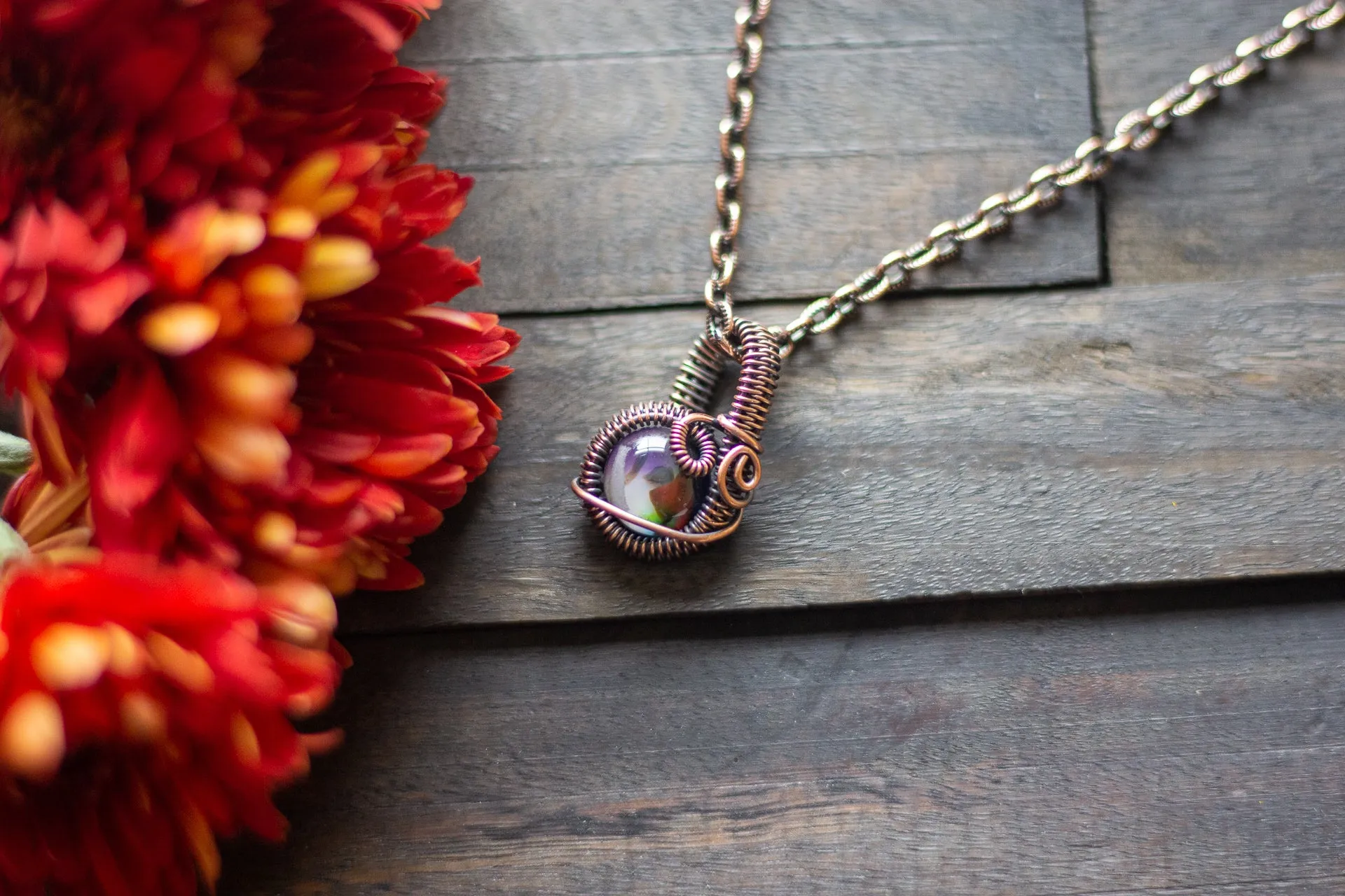 Shades of Fall Fused Glass Mini Pendant with Copper Wire Wrapping