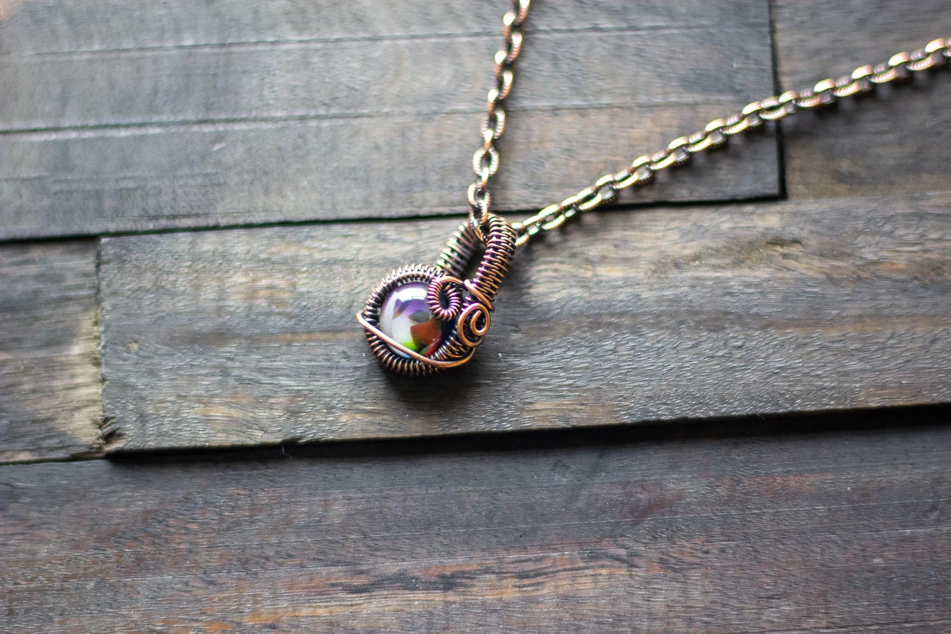 Shades of Fall Fused Glass Mini Pendant with Copper Wire Wrapping