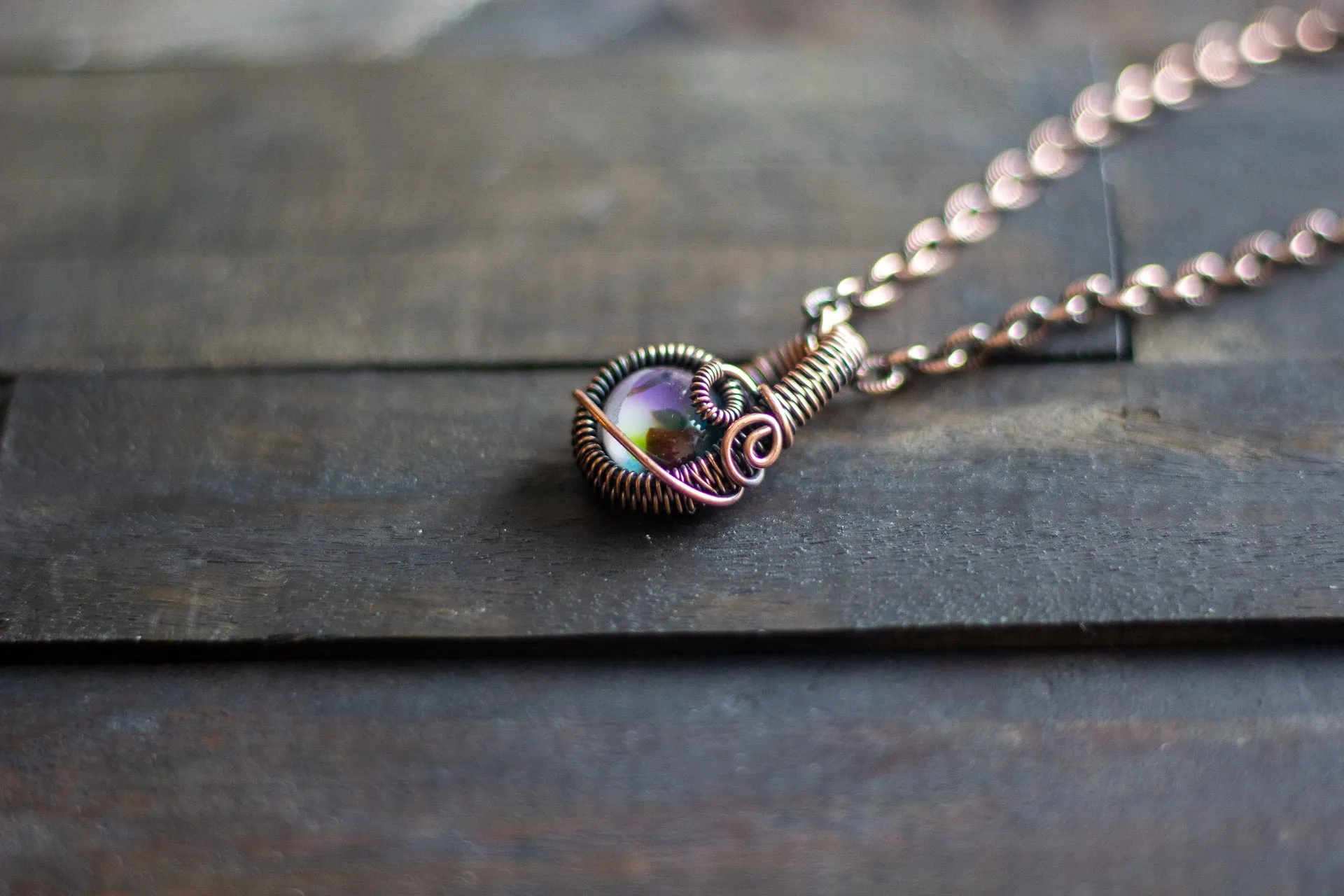Shades of Fall Fused Glass Mini Pendant with Copper Wire Wrapping